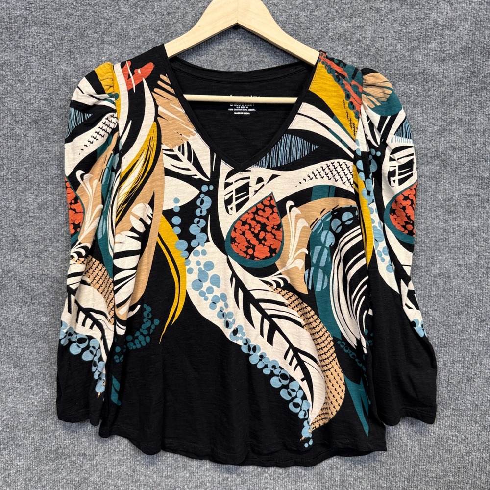 Chico's Size 1 USA 8 Puff Sleeves Blouse Black Gathered Tropical Leaves Artsy